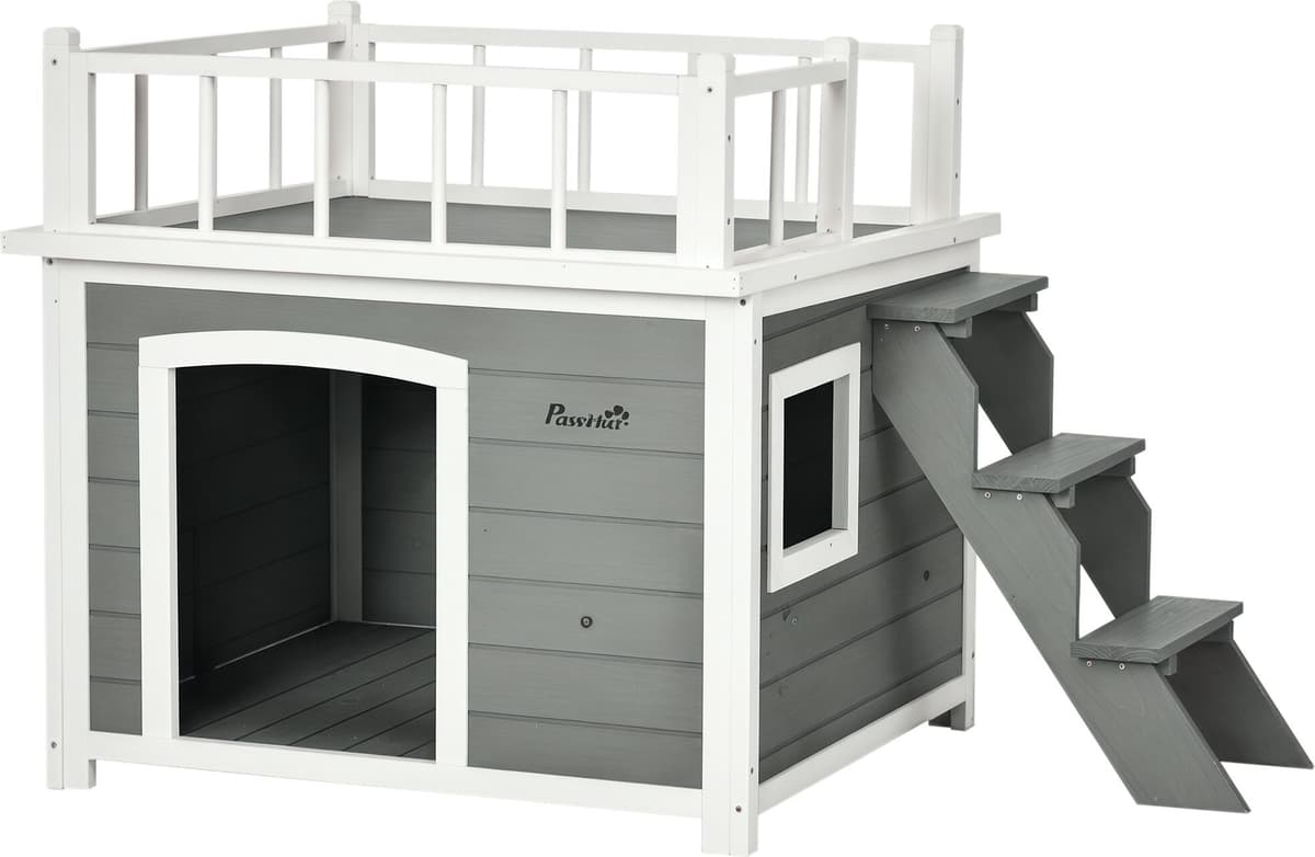 Pawhut Casetta per Cani con Terrazza Scaletta e Finestra 121x77x78cm Grigio chiaro