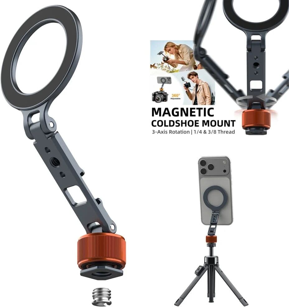 NONE Mosenvka Hot Shoe Magnetic Phone Holder With 1/4 Screw 360 Rotation Cold Shoe Mount for MagSafe iPhone 17 16 Samsung DSLR Camera