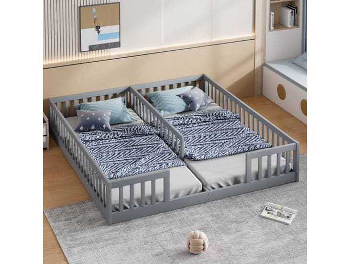 Lit Enfant Bas 2 Places 90×200 cm avec Barrières - HAVRYA - Sans Matelas Sans Sommier Pin et MDF - Gris