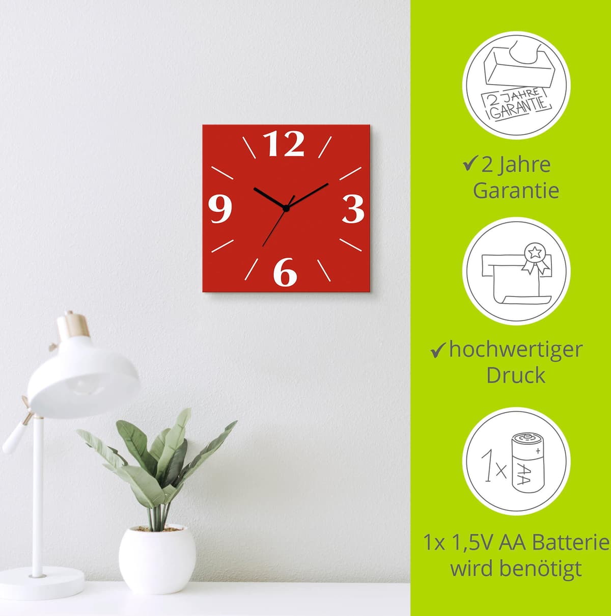 Wanduhr ARTLAND "Uni Trendfarben", rot, B:30cm H:30cm T:0,3cm, Wanduhren, Wanduhr, wahlweise mit Quarz- oder Funkuhrwerk, lautlos ohne Tickgeräusche rot B/H/T: 30cm x 30cm x 0,3cm, Funkuhr, 4 Ziffern