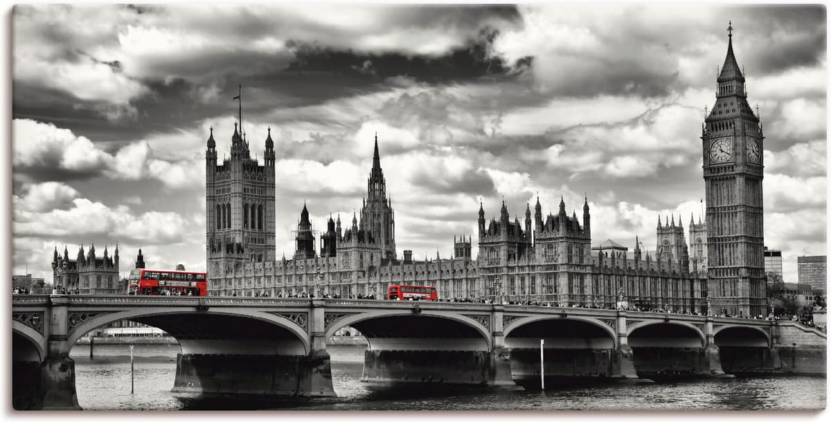 Leinwandbild ARTLAND "London Westminster Bridge & Red Buses", schwarz (farbe bild(er): schwarz), B:100cm H:50cm, Bilder, Leinwandbild, auf Holzrahmen gespannt farbe bild(er): schwarz B/H/T: 100cm x 50cm, Leinwandbild Grossbritannien Querformat, 1 Stk.
