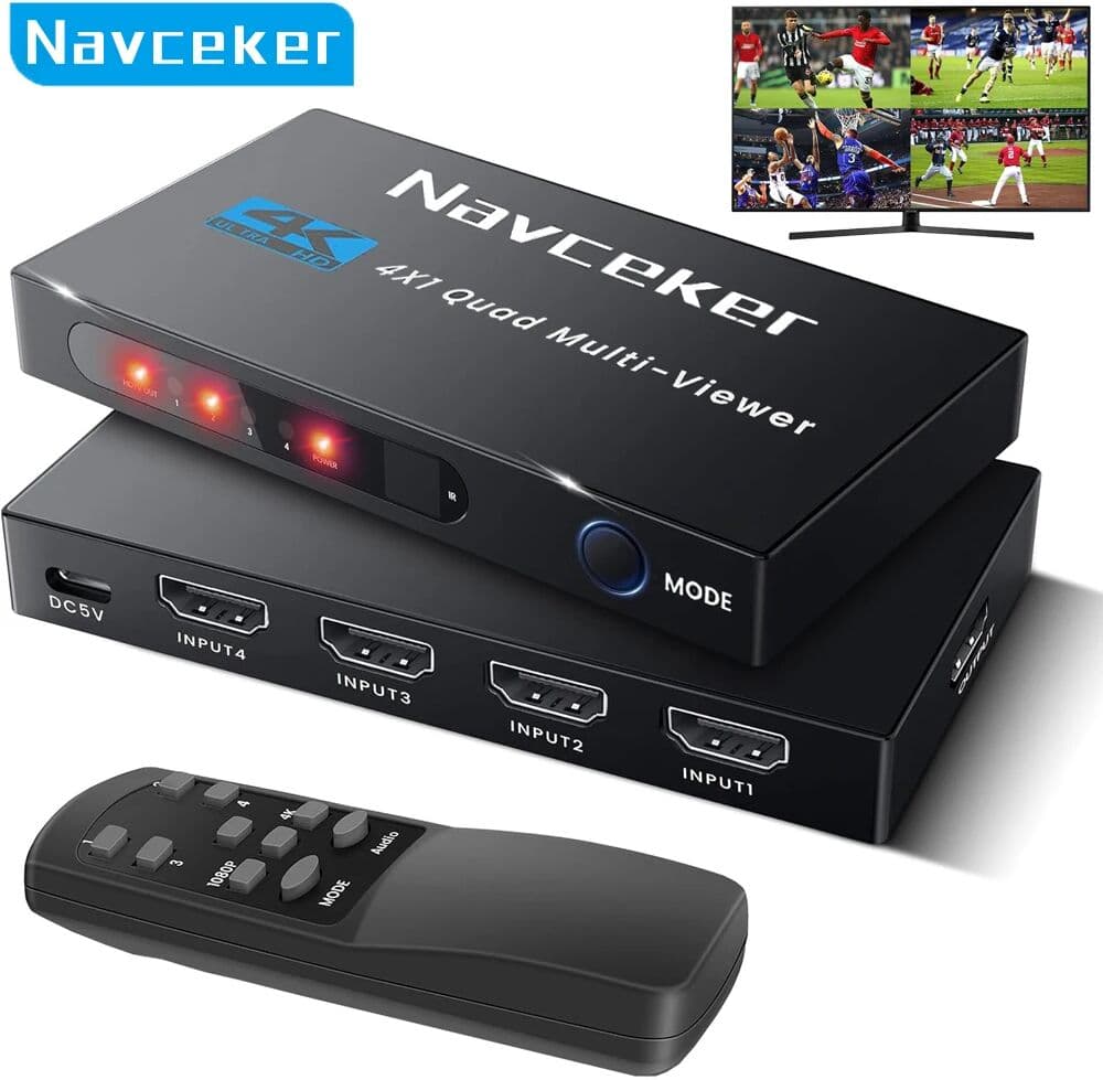 Navceker 4K HDMI Quad Screen Multiviewer 4x1 1080P 4 in 1 out HDMI Multi Viewer Seamless Switcher 9 Display Modes for Camera Laptop PC TV