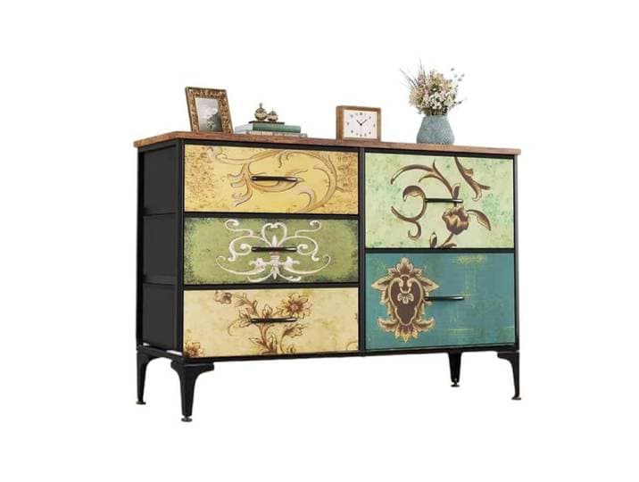 Commode Chambre Commode Tissu avec 5 Tiroirs Sur 3 Couches Plateau Bois pour Salon Chambre Couloir 100x30x68cm