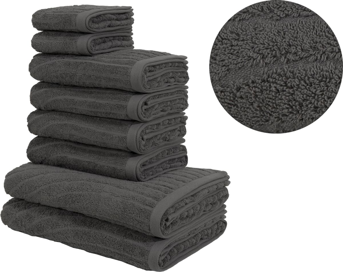 Handtuch Set GOODPRODUCT "Ognon, Duschtücher, Handtücher, Gästetücher, Zen, Scandi, Boho", anthrazit, 8, Frottier, Frottier, Obermaterial: 100% Baumwolle, Handtuch-Sets, Handtuch Set, Muster, Hoch-Tief-Struktur, einfarbig, Handtuch-Set, 100% Baumwolle ant