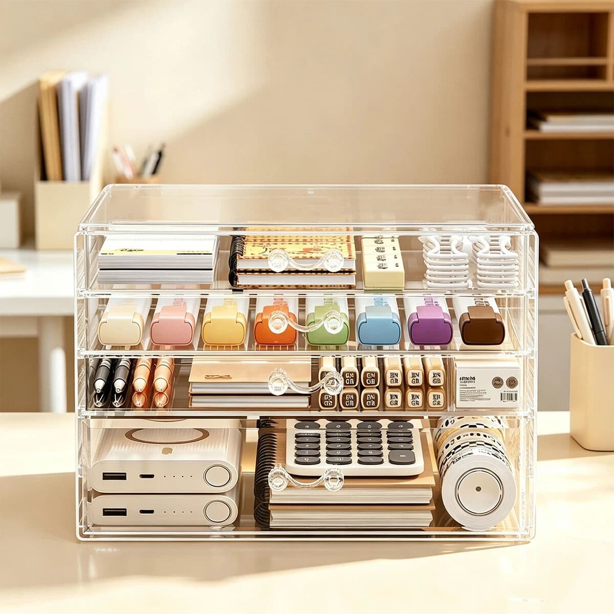 NONE 1pc Stackable 2/3/4 Layer Transparent Drawer Desktop Stationery Storage Box for Pen Pencil Paper Tape Office Storage Containers