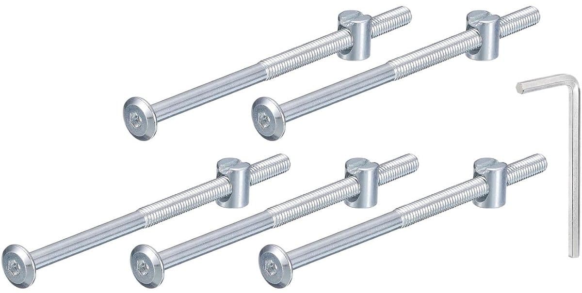 Set van 5 zeskantschroeven met moeren en sleutel, M6 x 110 mm, zilver