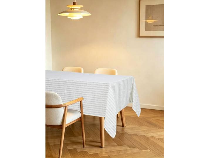 Tischdecke GOODPRODUCT Marric 1 Stück, halbtransparent, Dekoration Gr. 2, weiss (beige), B:130cm L:160cm, Polyester, Tischdecken, Tischdecke, halbtransparente Tischdecke, Leinenoptik mit Streifen