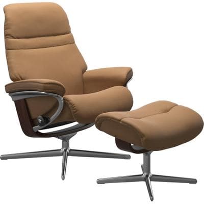 Relaxsessel STRESSLESS "Sunrise", braun (taupe paloma), B:83cm H:105cm T:74cm, Leder PALOMA: PALOMA ist ein durchgefärbtes Semianilin-Möbelleder mit natürlicher Narbung., Sessel, Relaxsessel, mit Hocker, mit Cross Base, Größe S, M & L, Holzakzent Braun