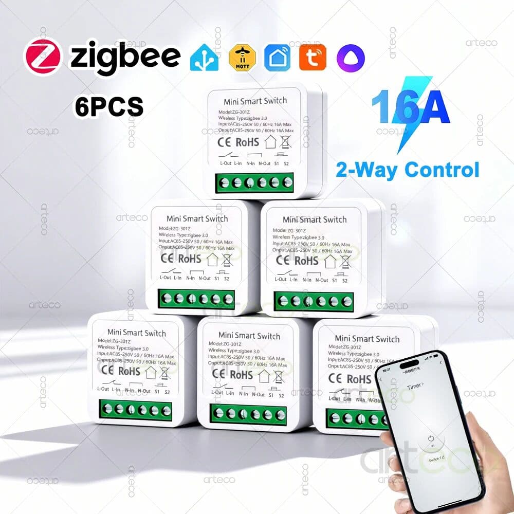 NONE 6Pcs Zigbee 3.0 Smart Mini Switch 16A Home DIY Breaker Module Support 2Way Control APP Remote Timing Control Zigbee Hub Required