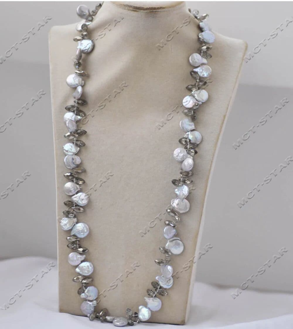MCT·STAR MTC·STAR 14mm Gray Coin Freshwater Pearl Drop Faceted Crystal Necklace (Z13230)