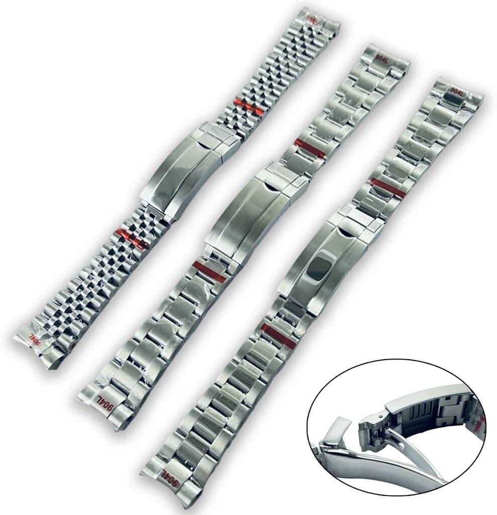 QUKE 20mm Width 904L Solid Stainless Steel Watch Band Brushed Bracelet Folding Buckle Glide Lock Clasp