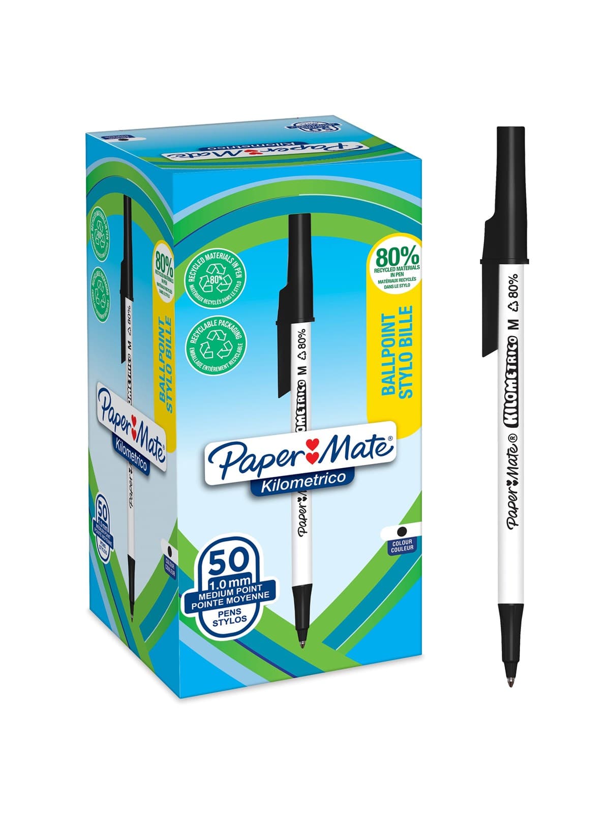 Paper Mate Kilometrico Kugelschreiber | lange Schreibdauer mit mittlerer Spitze (1,0 mm) | schwarze Tinte | 80 % recyceltes Plastik | 50 Stück