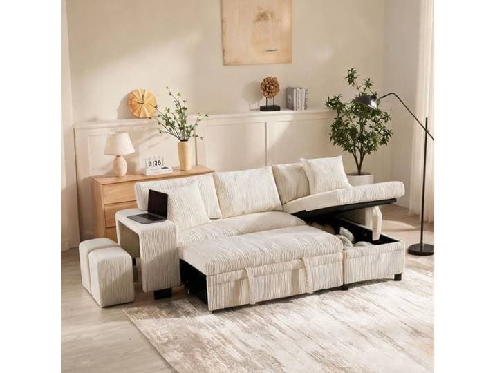 Canapé convertible 3 places avec couchage et rangements velours côtelé beige 231 cm