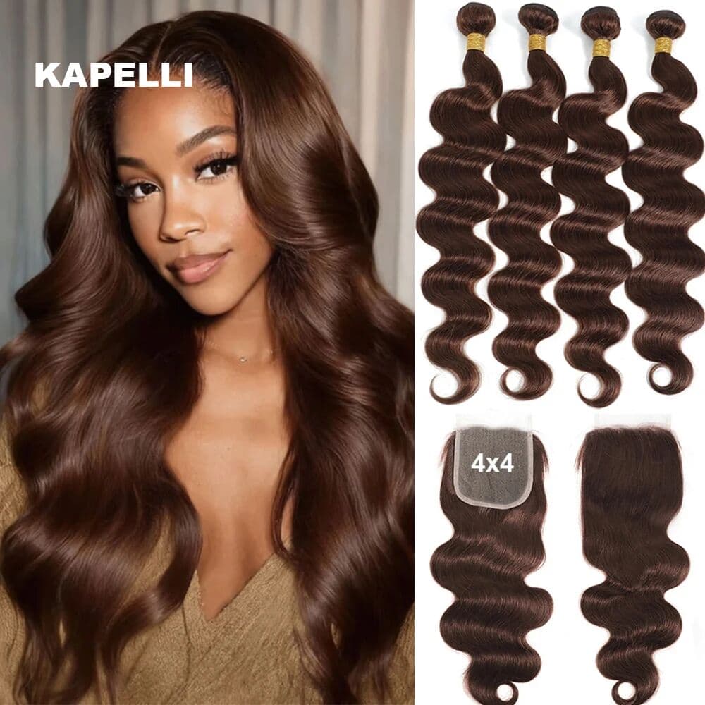 Kapelli Body Wave Human Hair Bundles with 4x4 13x4 Frontal Deep Middle Part HD Lace Closure 12A Brazilian Raw Hair Bundles with Closures