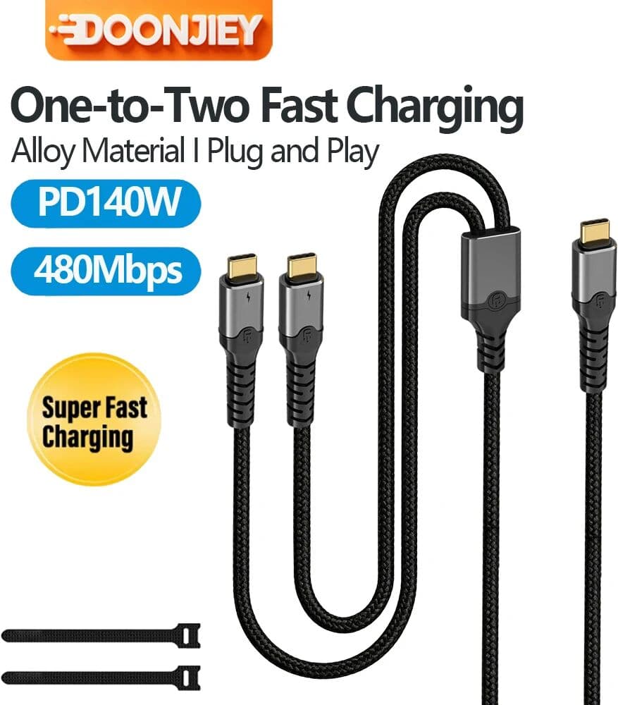DOONJIEY USB C Splitter Cable 140W Fast Charging Type C 1 to 2 Power Cord Dual USB-C Output for Phone Laptop Tablet with 2 Cable Straps