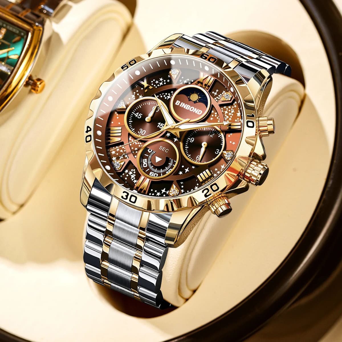 2026 Men Watch Light Luxury Business Steel Belt Moonphase Starry Night Light Waterproof Male Fashion Quartz Clock Watches Gift