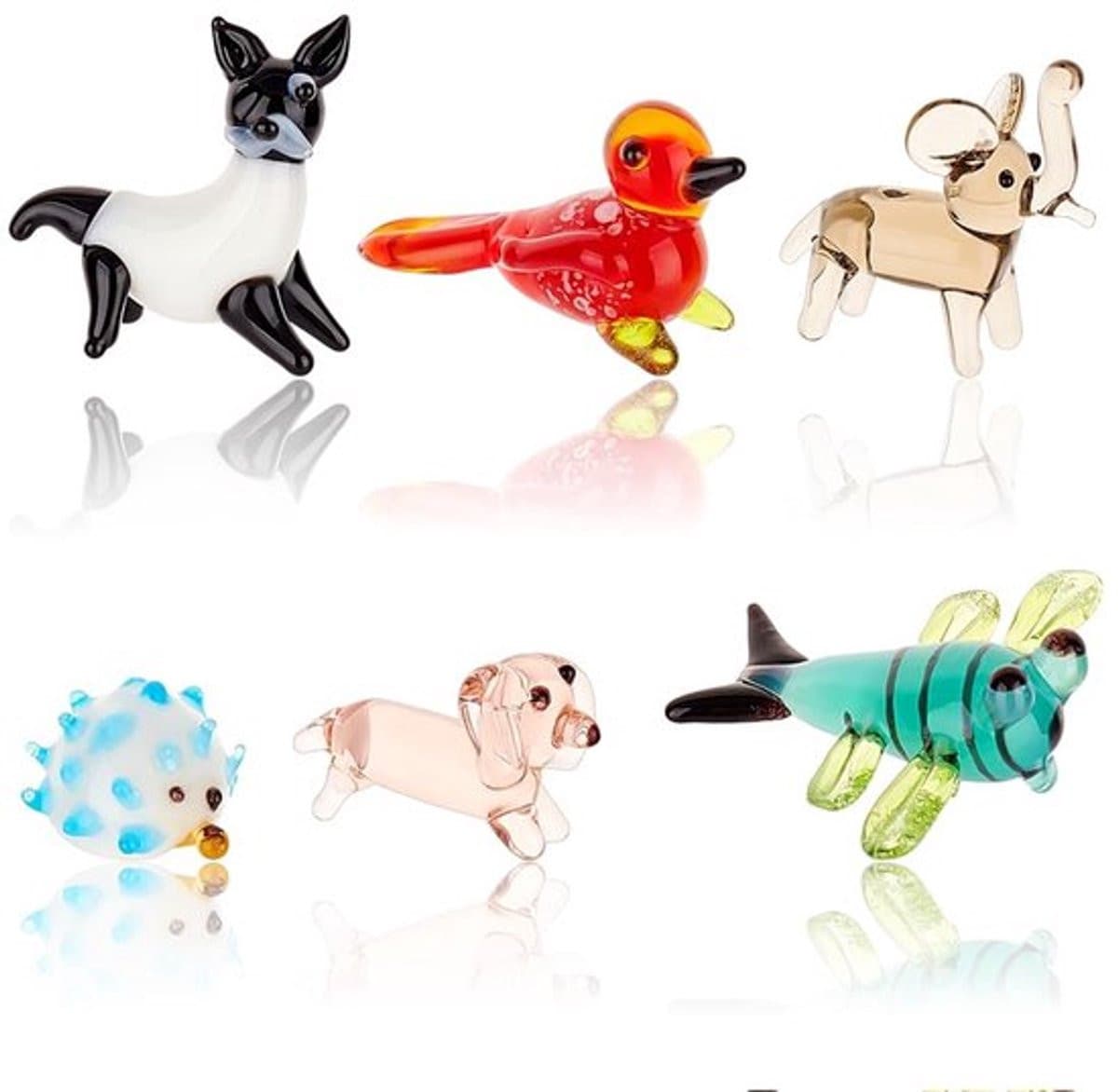 Set van 6 glazen dierenfiguren voor tafeldecoratie - Libelle, vogel, egel, hond en olifant