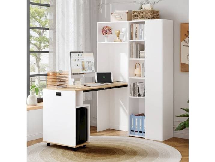 Bureau pliable 2-en-1 avec bibliothèque intégrée prise EU et ports USB MDF blanc décor chêne 104 5x30 5x160 cm