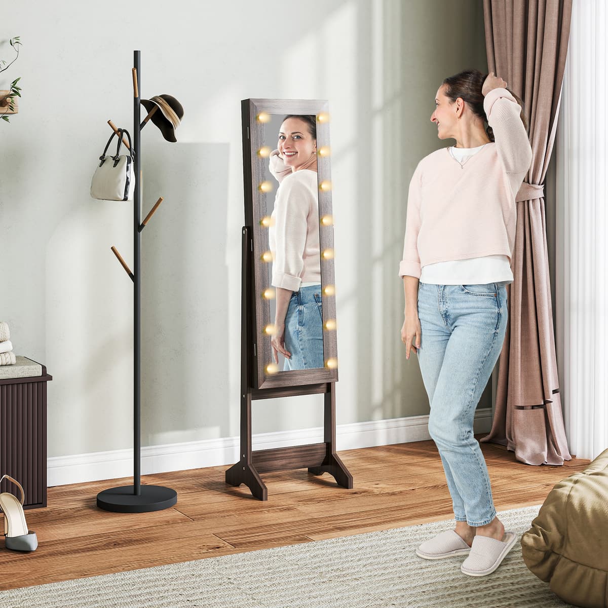 Homcom Armadio portagioie con specchio, scomparti e illuminazione LED, marrone scuro   Aosom Italy