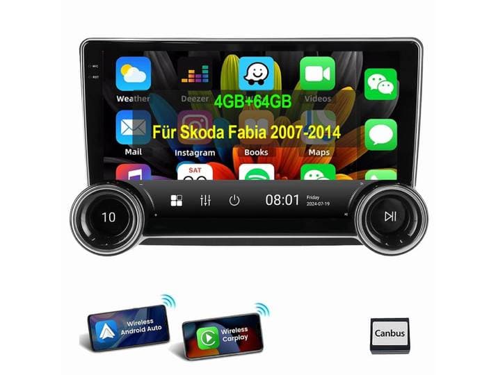 ESSGOO Für Skoda Fabia 2 II 2008-2013 Carplay Android 15 Autoradio (RDS, 4+64GB optional, Digitalradio (DAB), FM, AM, Carplay Android Auto Bluetooth EQ USB WIFI SWC)