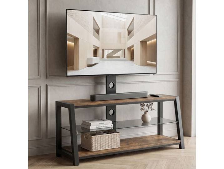 Meuble TV avec support intégré réglable 32 à 65 pouces 3 étagères pivot 30° MDF marron et métal noir