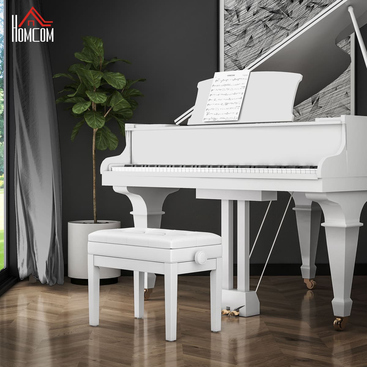 Homcom Sgabello Pianoforte con Altezza Regolabile 48-58 cm, Panca Pianoforte con Vano Contenitore e Seduta Imbottita, Carico 200 kg, in Pelle PU, Gambe in Legno di Caucciù, per Tastiera, Bianco   Aosom Italy