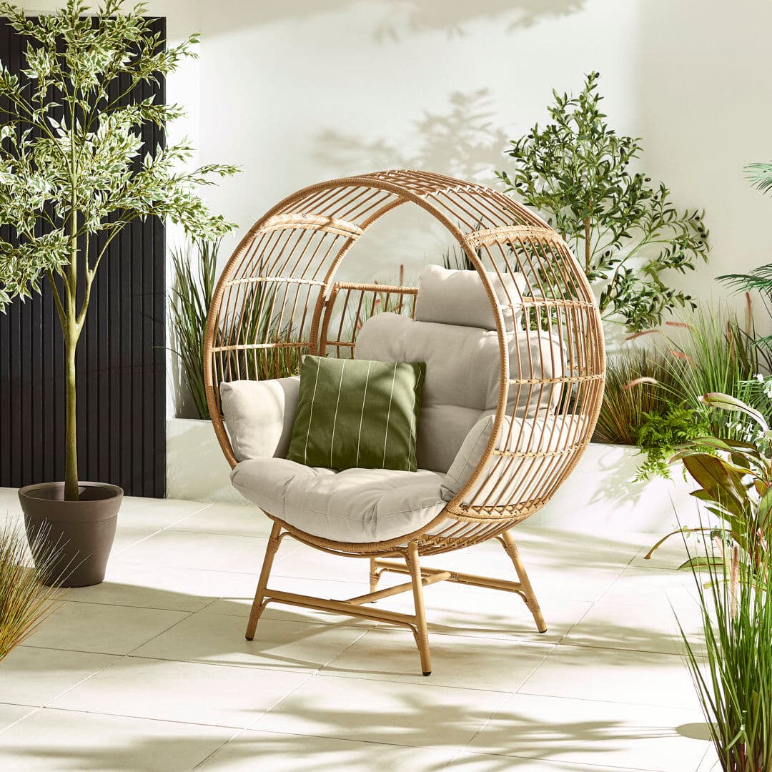 World Menagerie Becca Cosy Rattan Circular Cocoon Garden Egg Chair With Cushion - Contemporary Modern Design Cream 149cm H X 123cm W X 83cm L