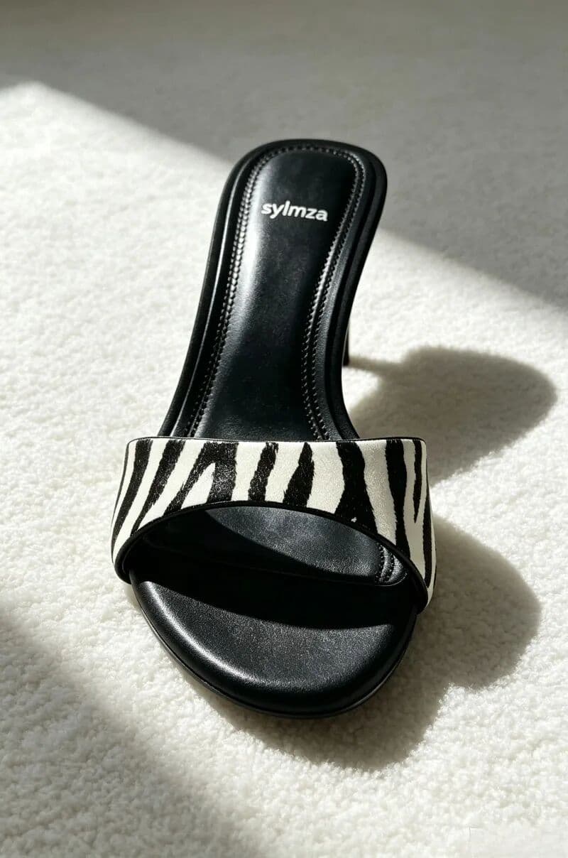 sylmza Unique Zebra-print Design Mules Sandals Women Street Style Pointed Toe Peep Toe High Heel Sandals Brand Designer Party Slippers