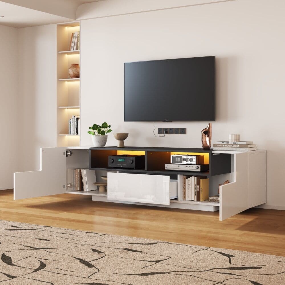 MODFU Mueble tv brillo con led y almacenaje 180 cm, blanco