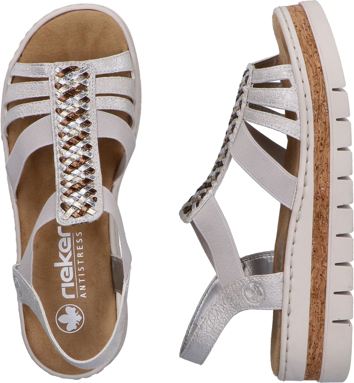 Keilsandalette RIEKER, Damen, Gr. 38, Synthetik Textil, silberfarben, Lederimitat, metallic, Schuhe Keilsandalette, Keilsandalette, Plateausandale, Sommerschuh in Metallic-Optik silberfarben 38, Synthetik Textil
