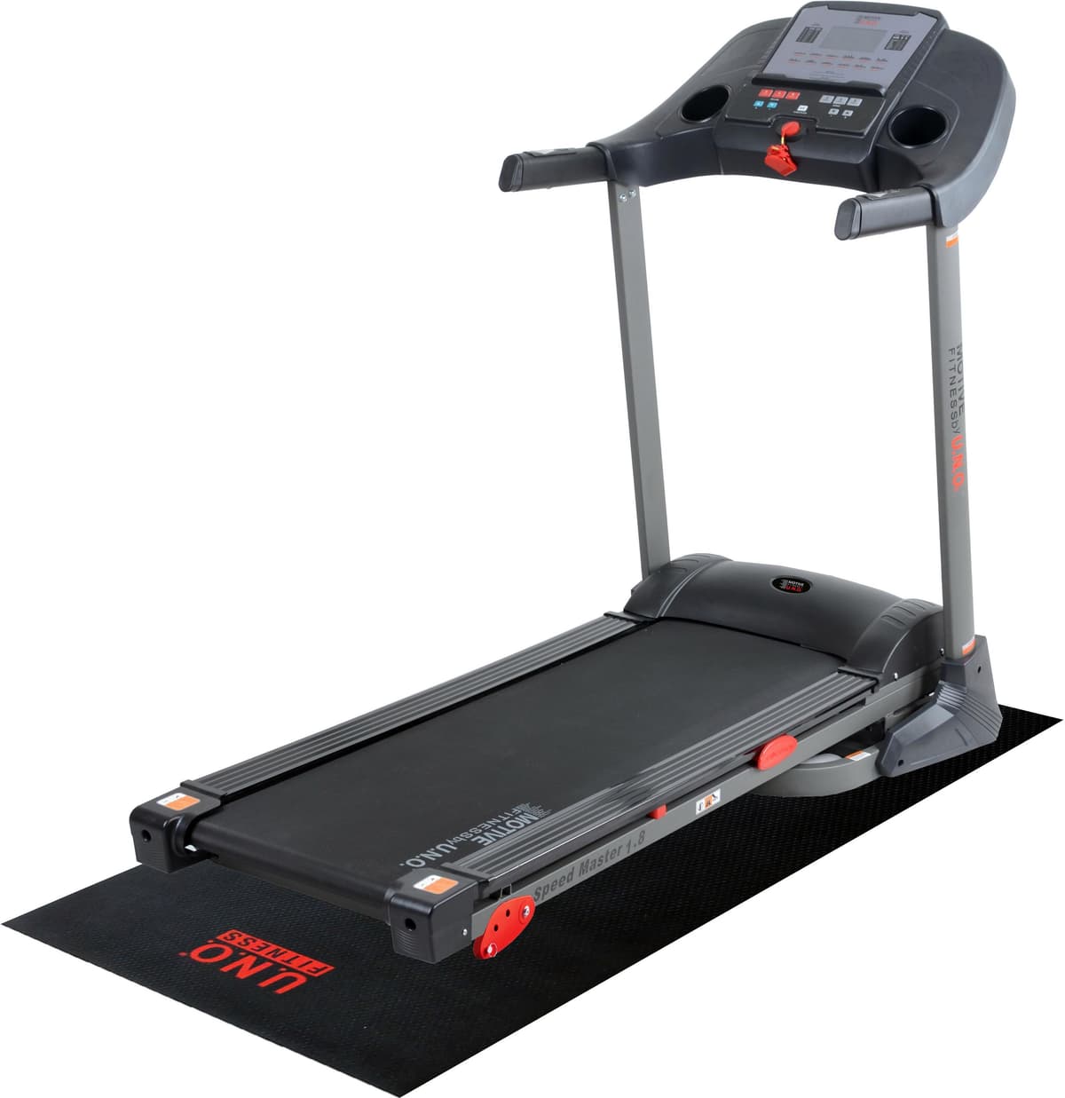 Laufband "Speed Master 1.8 M (mit/ohne Unterlegmatte)" Gr. 2, silber (aluminiumfarben, silberfarben), MOTIVE FITNESS BY U.N.O., Laufbänder, Kinder, mit Unterlegmatte, Laufband, bis max. 18 km/h, klappbar, mit Steigung, 120 kg max. Benutzergewicht, B:68cm 