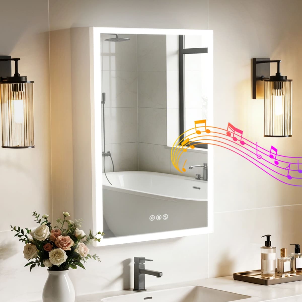 NONE LED Bathroom Mirror Cabinet 500x700mm Wall Medicine Cabinet Bathroom Vanity Cabinet with Bluetooth, Anti-fog Function,Storage, Silent Hinges
