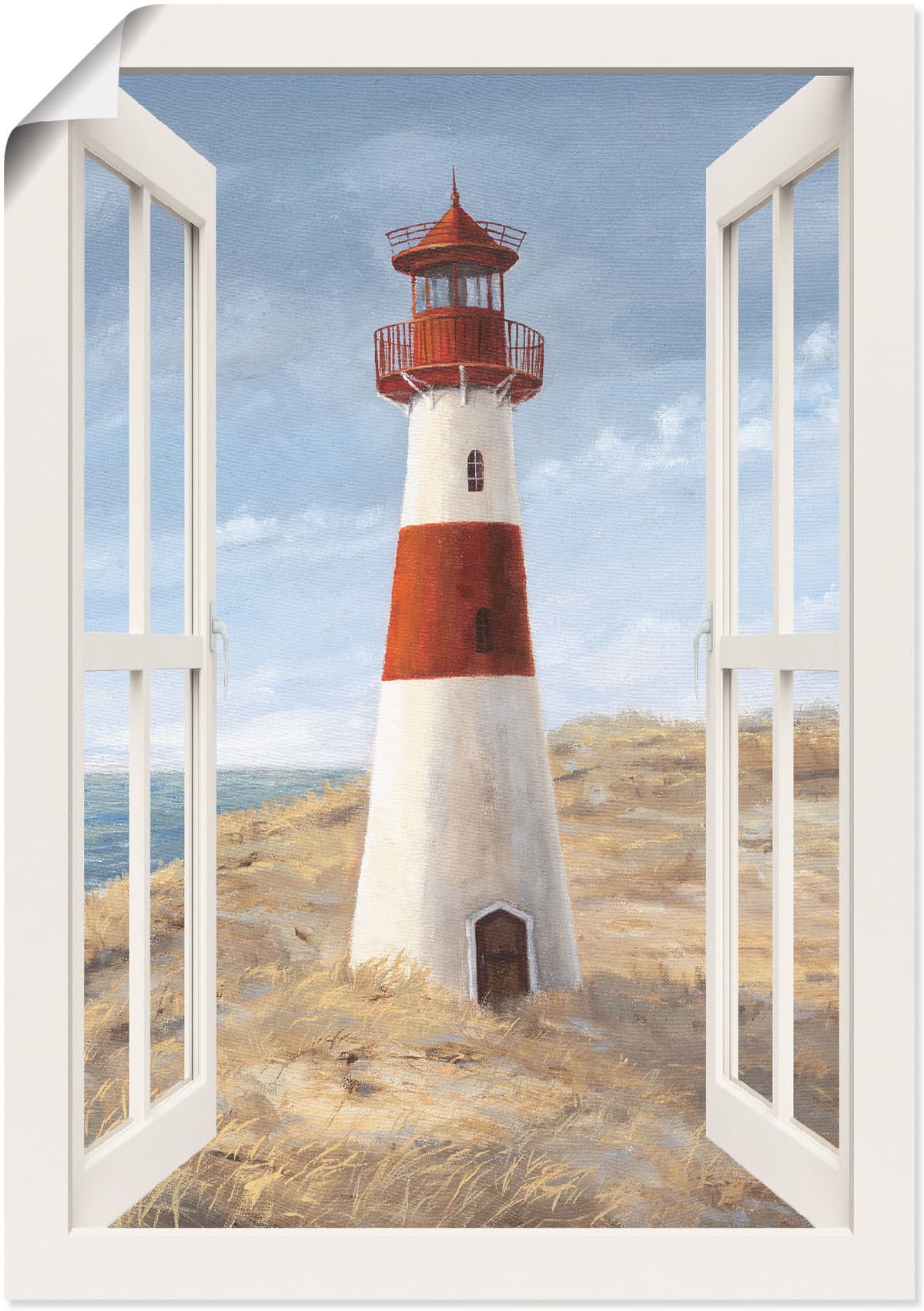 Wandbild ARTLAND "Leuchtturm I Fensterblick", beige (farbe bild(er): naturfarben), B:50cm H:70cm, Bilder, Wandbild, als Alubild, Leinwandbild, Poster in verschied. Grössen farbe bild(er): naturfarben B/H/T: 50cm x 70cm, Poster Gebäude Hochformat, 1 Stk.