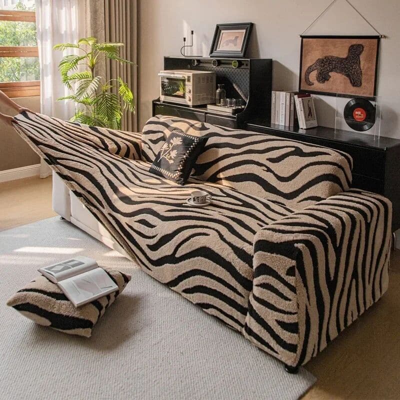NONE Zebra Patterned Jacquard Plush Sofa Cover Stretch Warm Couch Slider with Elastic Band Removable Anti Slip Dust Cover for Sofa
