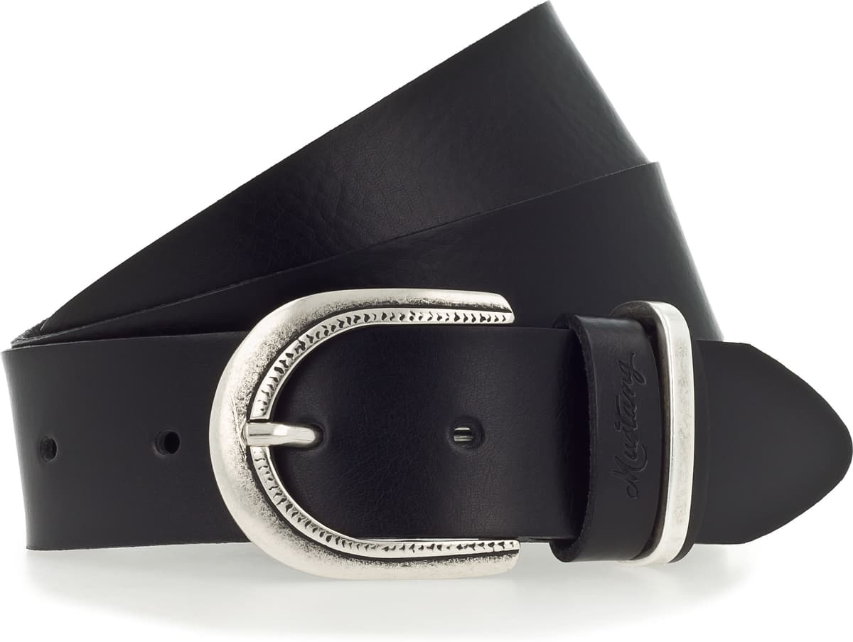 Ledergürtel MUSTANG "Paige", Damen, Gr. 90, schwarz, Materialmix, unifarben, Gürtel Ledergürtel, Mit dunklen Airbrushkanten und einer ovalen Dornschliesse, 3,5 cm schwarz 90
