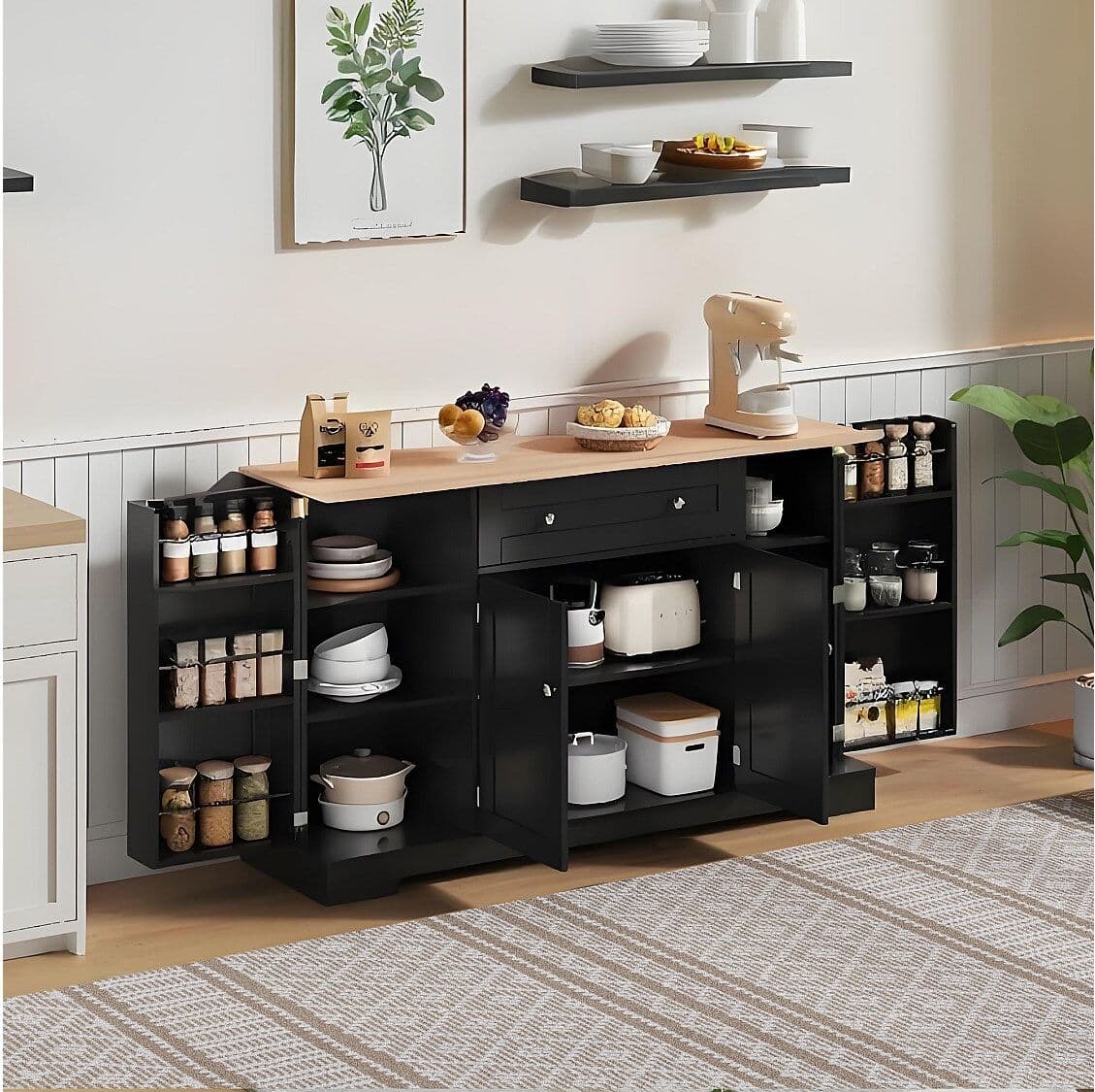 Merax Keuken dressoir met 4 deuren en 1 lade - 138 x 40 x 85 cm - MDF hout - Verstelbare planken - Zwart + naturel