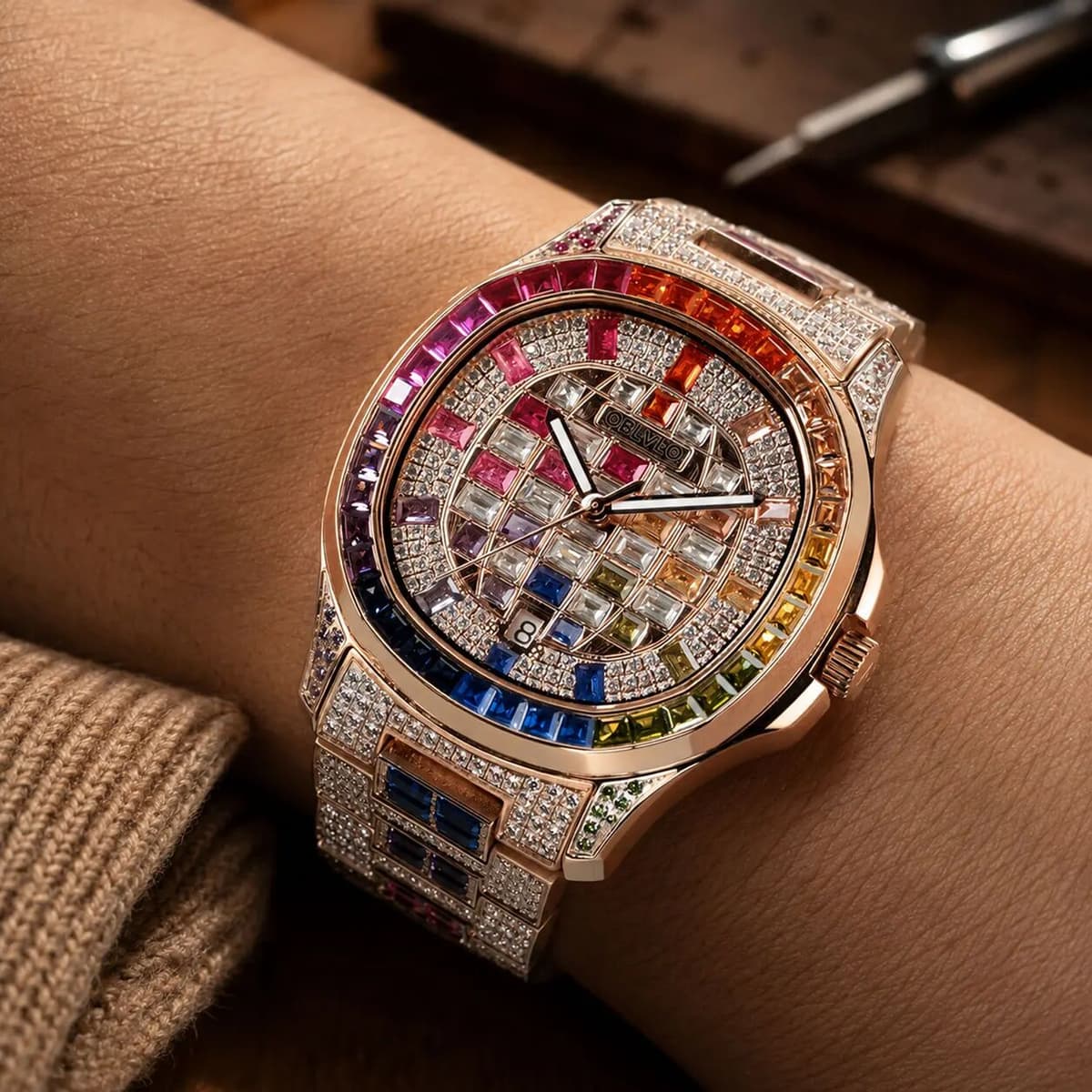 Reef Tiger OBLVLO FM-DSL-AD Men's Luxury Mechanical Watch Hand-Set Rainbow Crystal Bezel Miyota Movement Rose Gold Iced Steel Wristwatch