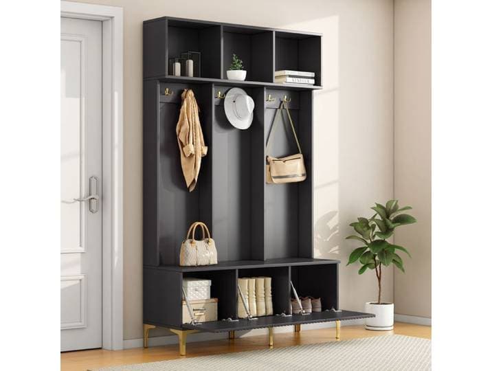 Maisentiel Meuble d'entrée avec banc porte-manteau 6 crochets et rangement à chaussures noir doré 120 x 23 5 x 191 5 cm
