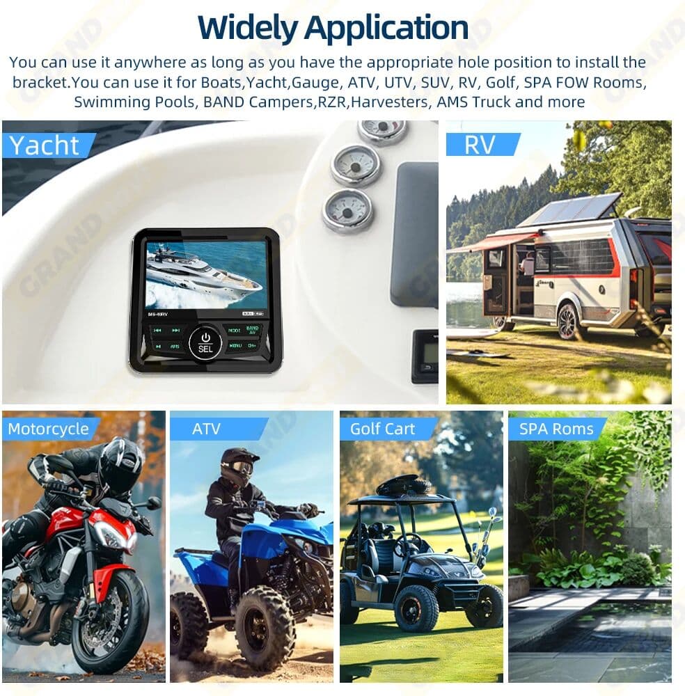 grandnavi MP5 Player Marine Radio Boat Stereo FM AM Digital Media Audio Player Bluetooth IPX5 Waterproof For Yacht ATV UTV Golf Cart