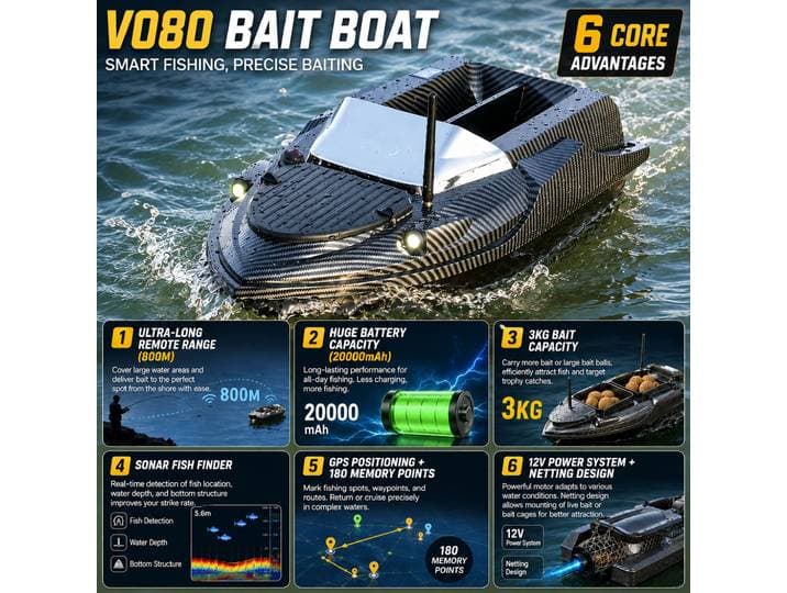 Bateau à appât télécommandé Flytec V080 en fibre de carbone avec GPS, 180 points de localisation, charge de 3 kg, retour automatique, 12V, vision nocturne, portée 800 m, sondeur de poissons pour