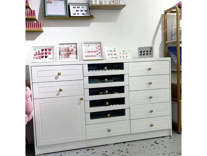Armoire de présentation de salon de manucure nordique blanche, armoire à vernis à ongles, casier à colle, tiroir de rangement au sol