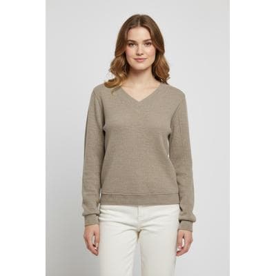 Langarmshirt ONLY "ONLPAOLA L/S V-NECK TOP JRS", Damen, Gr. L, beige (cocoa créme), Jersey, Obermaterial: 88% Polyester, 8% Viskose, 4% Elasthan, unifarben, loose fit, V-Ausschnitt, Shirts Langarmshirt