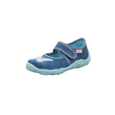 Hausschuh SUPERFIT "BONNY, WMS: mittel", Mädchen, Gr. 31, blau (blau kombiniert), Baumwolle, kontrastfarbene Details, Schuhe Hausschuh, Kindergartenschuh mit Klettverschluss, Größenschablone zum Download