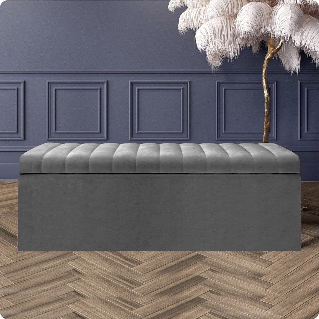 R&M Furnishers Safar Wide Velvet Rectangle Solid Color Standard Ottoman Box with Storage Grey Plush Velvet 90 cm