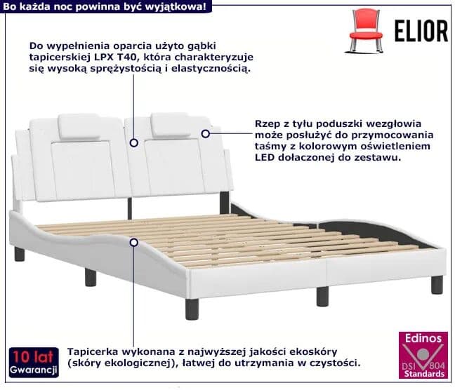 Edinos Białe łóżko z ekoskóry z kolorowym oświetleniem led 140x200 F5-Z84