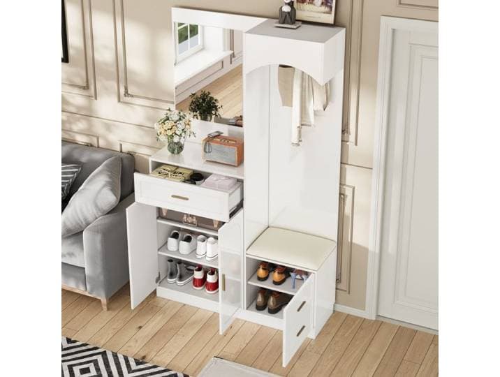 Vestiaire d'entrée 110x33x185 5 cm avec miroir banc à chaussures rangements et étagères réglables MDF blanc