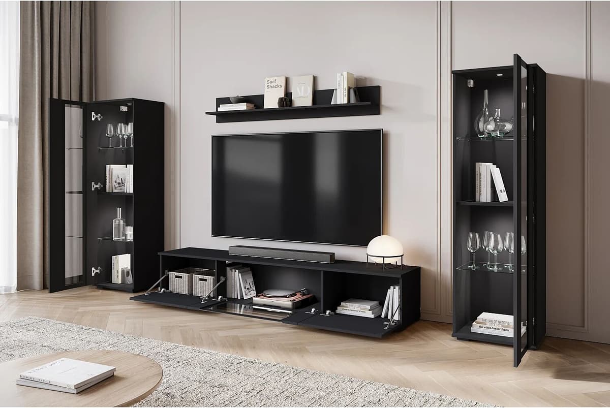 Moderne woonwand voor de woonkamer – mat, 2 vitrinekasten en tv-meubel 180 cm zwart mat