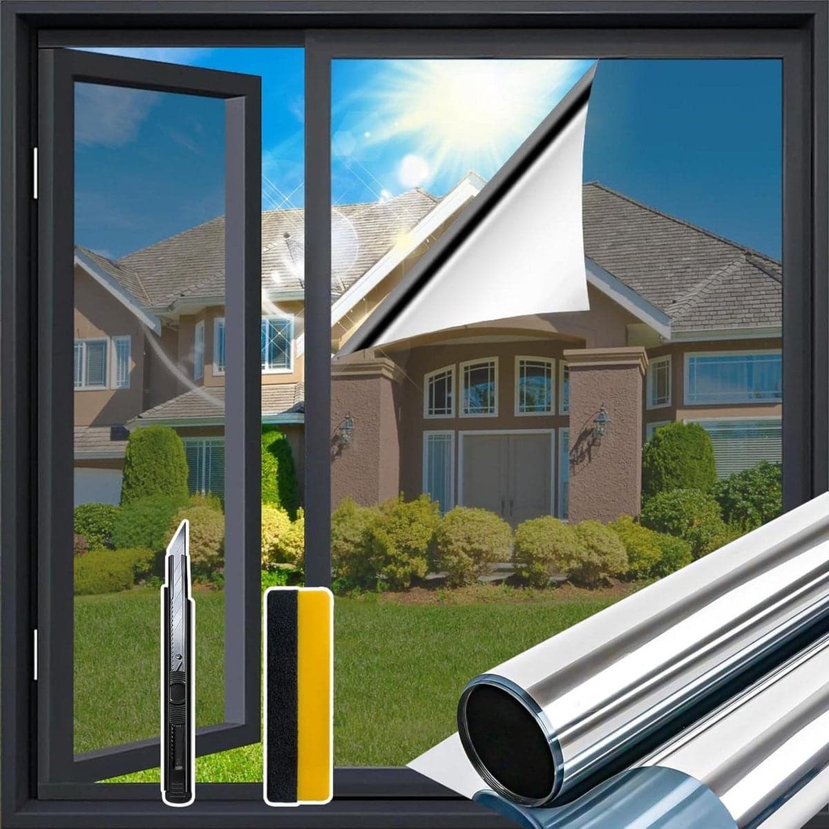 Vensterfilm Privacy Spiegel Raamfolie met Eenrichtingsspiegel effect en Zonwering - Zilver - 445 x 200 cm