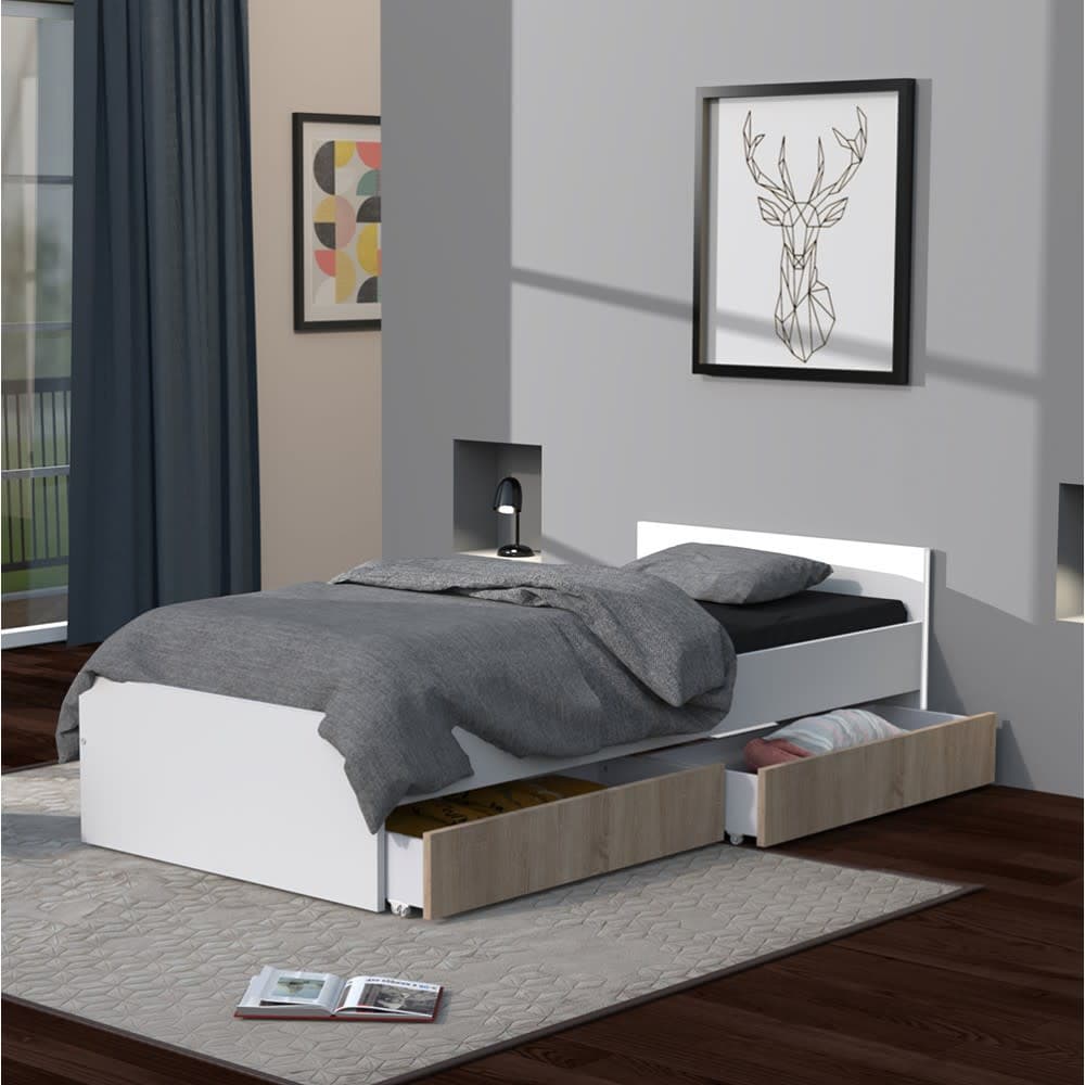 Weber industries Lit kappa 90x190 + 2 tiroirs / décor chêne blanchi et blanc Beige 194x59x94cm