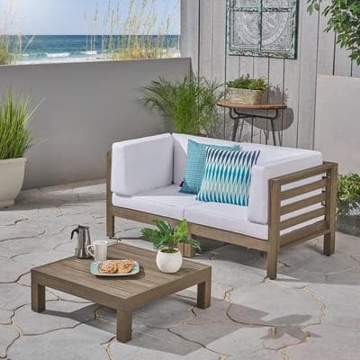 Clihome Outdoor Sofa Set, 3 Piece Love Set with Coffee Table, White